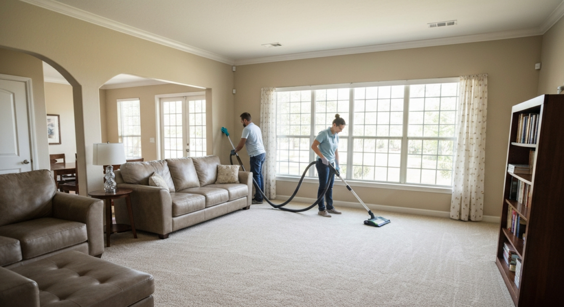 Living room in an Orlando home with professional cleaners vacuuming and dusting.