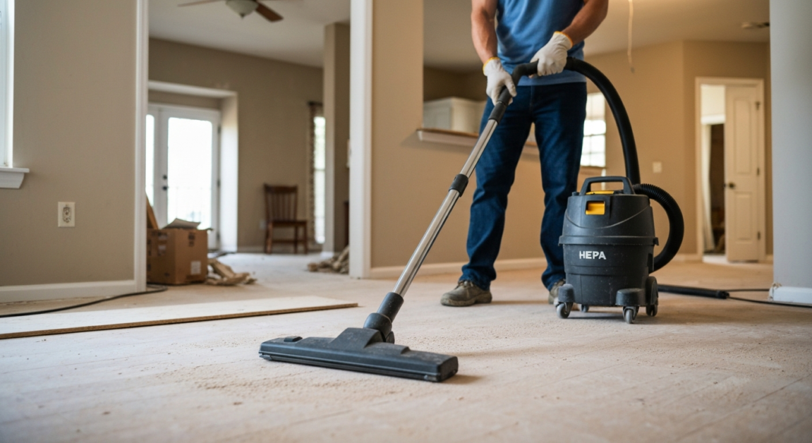 Professional cleaner using an industrial vacuum to collect construction dust in an Orlando home.