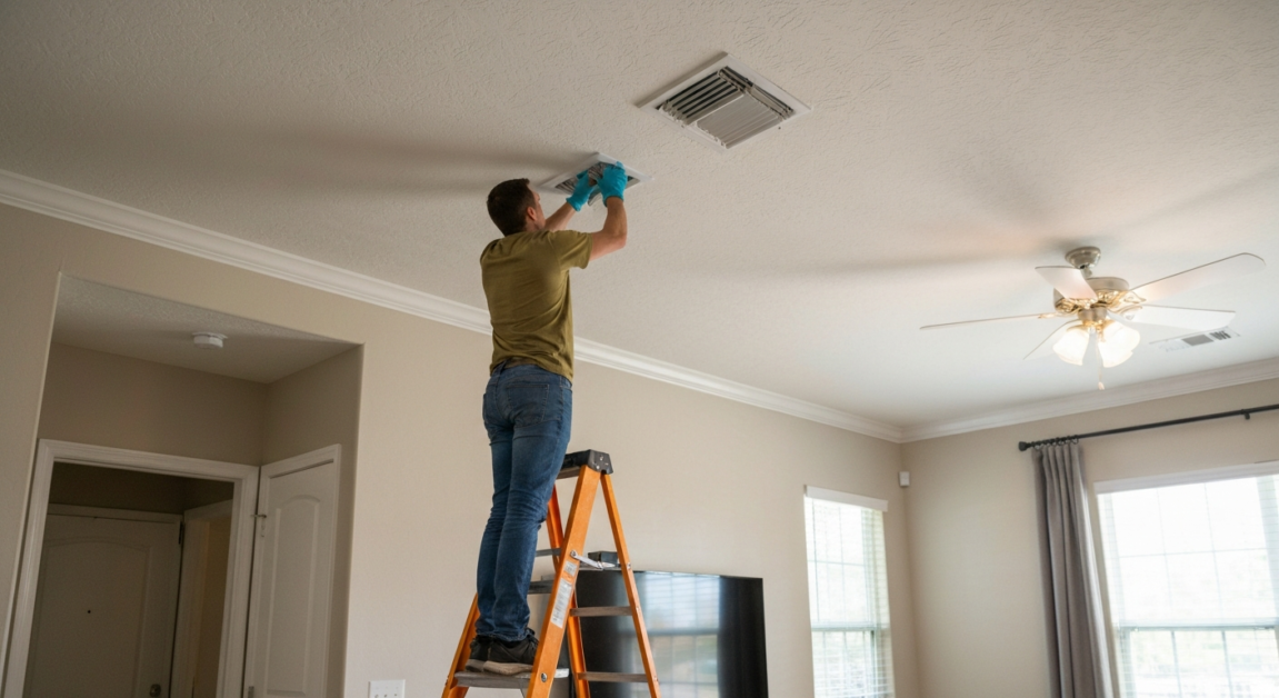 Cleaner on a ladder dusting a high air vent in an Orlando living room.