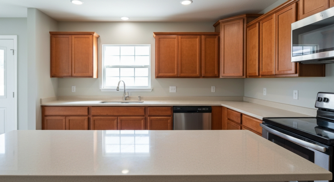 Spotless Orlando kitchen with clean countertops after post-construction cleaning.