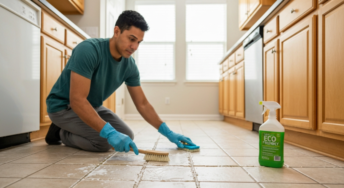 Professional cleaner scrubbing grout between kitchen floor tiles in an Orlando home, illustrating the deep cleaning process.