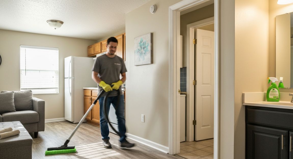 Professional cleaner using a vacuum in an Orlando apartment living area.