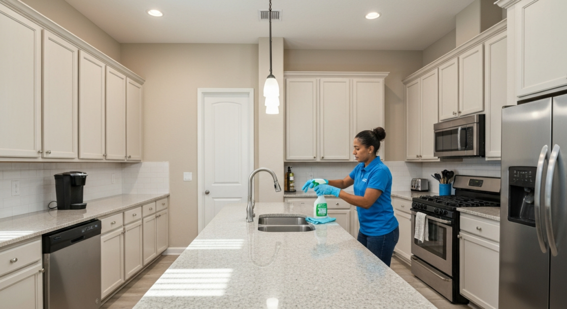 Cleaning professional applying eco-friendly products in a suburban Orlando home's kitchen.