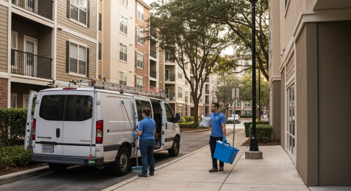 Cleaning team arriving at an Orlando apartment with logistical planning.