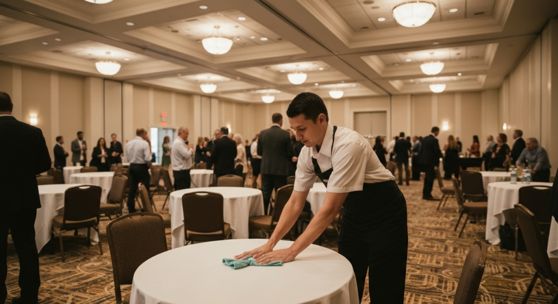 Professional event cleaner at an Orlando corporate function swiftly cleaning a table, maintaining tidiness as guests mingle.