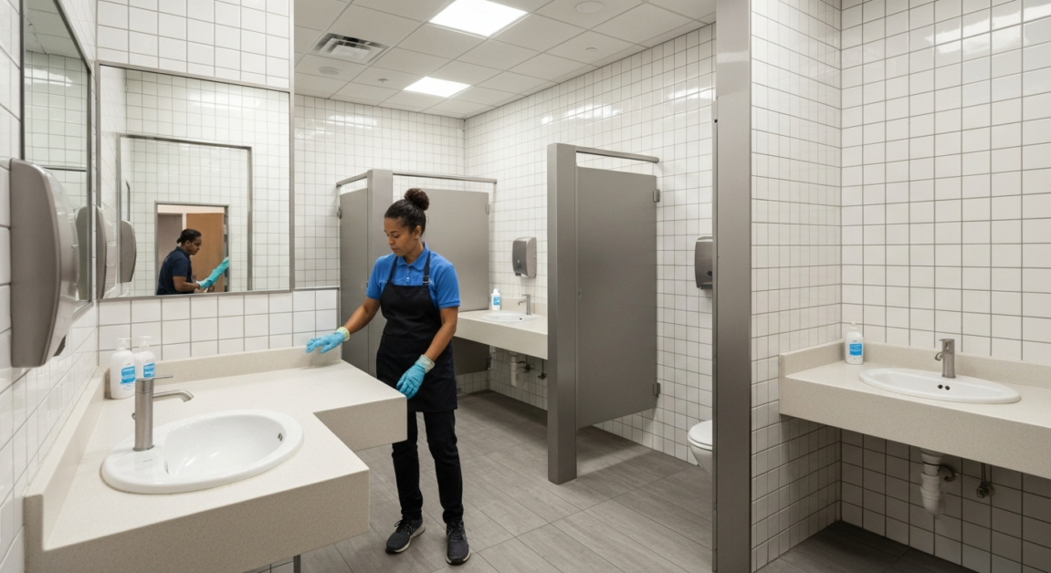 Cleaner maintaining restroom cleanliness during an event in Orlando, ensuring a hygienic and welcoming environment.
