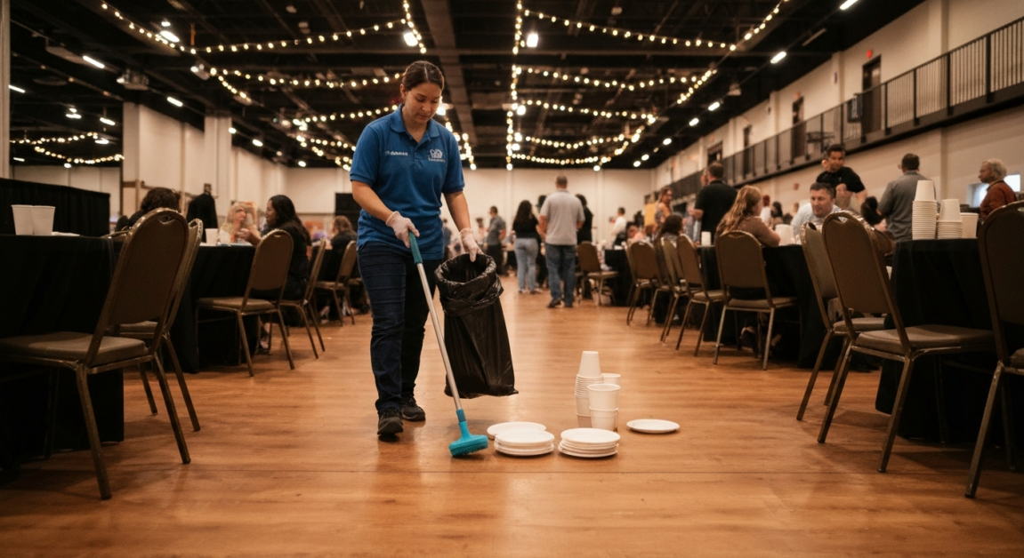 Efficient waste management by a professional cleaner during an Orlando event, ensuring a tidy and welcoming atmosphere.