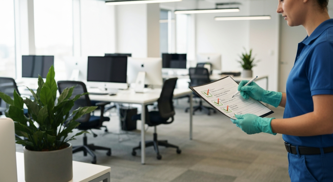 Professional cleaner using a checklist to ensure thorough office cleaning in Orlando.