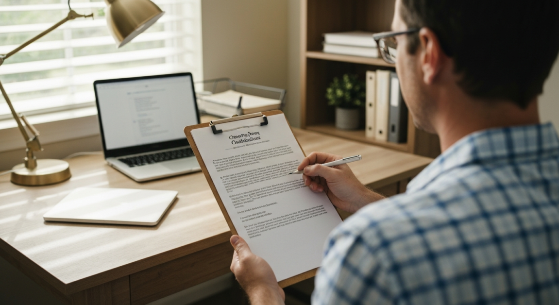 Homeowner reviewing a cleaning service checklist in an Orlando home office, comparing standard versus deep cleaning options.