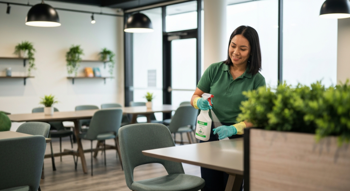 Office cleaner in Orlando using eco-friendly products for a safe work environment.