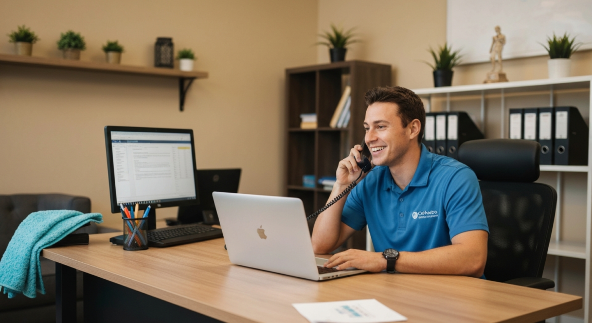 Customer service representative communicating with office cleaning clients in Orlando.