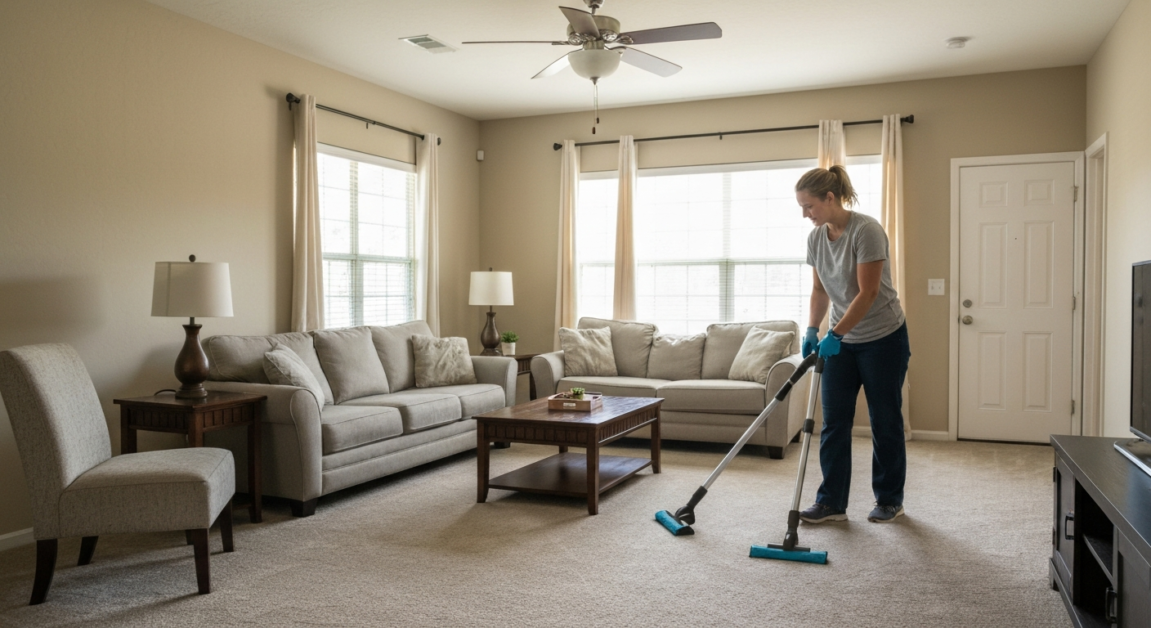 Professional cleaner vacuuming a family room in an Orlando home, emphasizing the 80/20 rule's focus on high-impact cleaning areas.