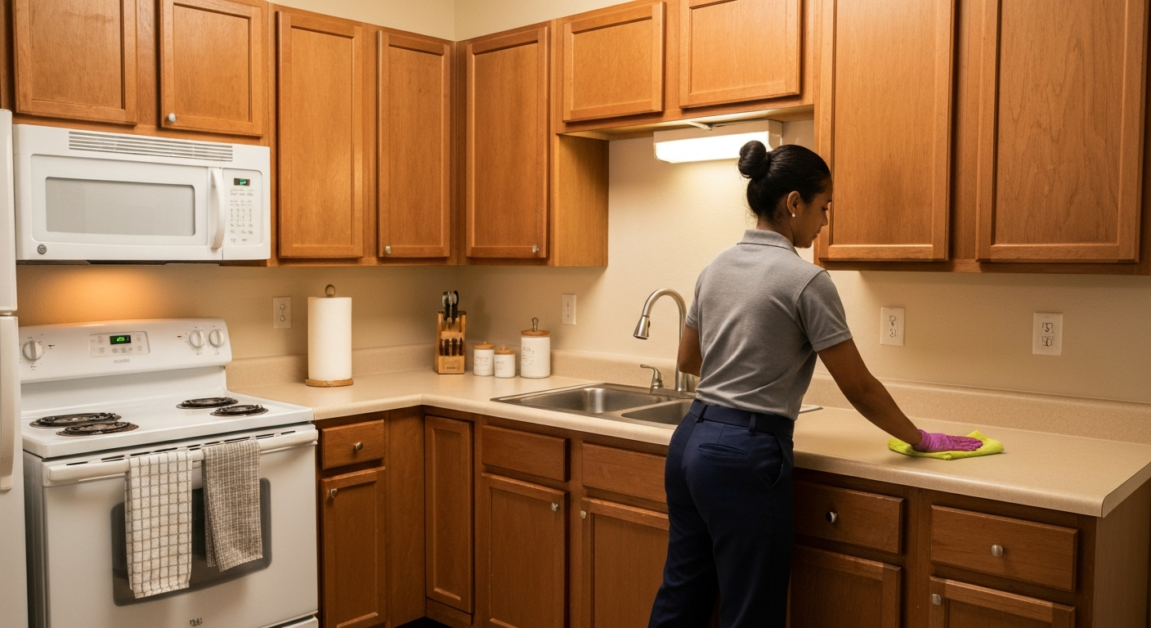 Cleaner working on an Orlando kitchen countertop, prioritizing essential spaces in line with kitchen and bathroom cleaning strategy.