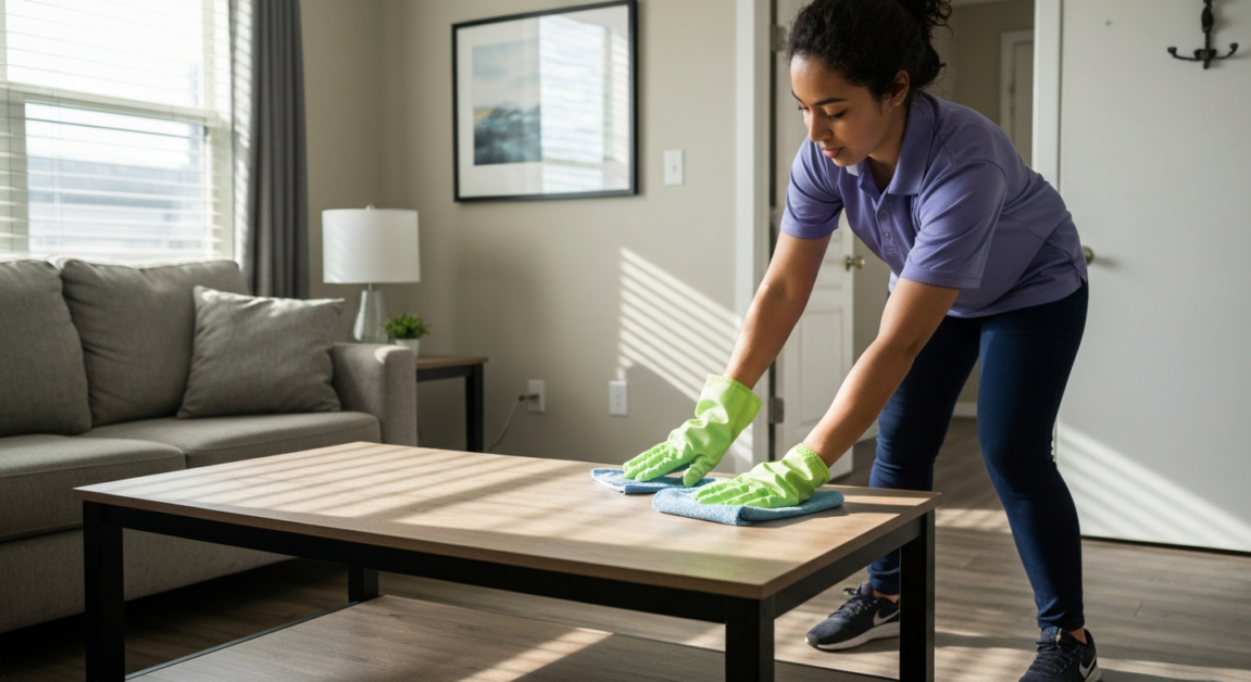 Cleaner in an Orlando rental living area performing a 20-minute reset by wiping down surfaces and decluttering.