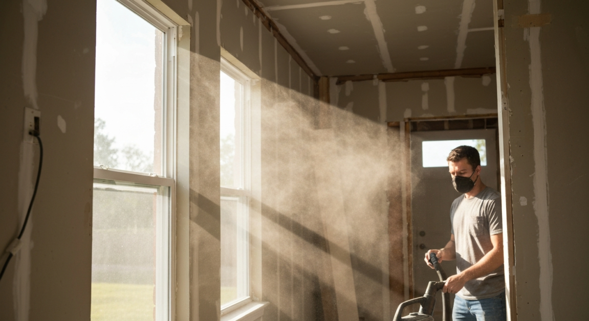 Orlando home with visible drywall dust particles in the air during a post-renovation cleaning.