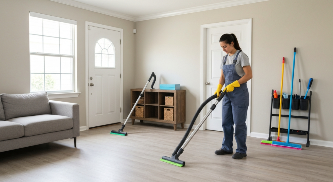 Professional cleaner using advanced vacuum tools in an Orlando living room post-renovation.