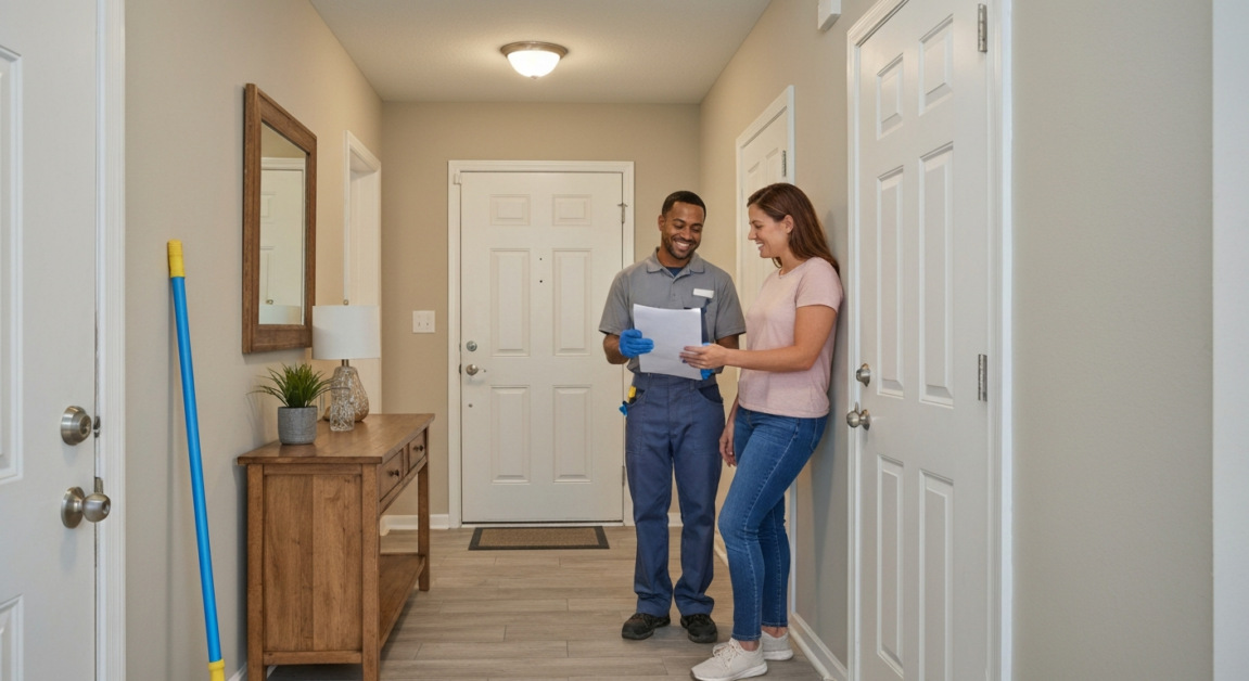 Orlando homeowner with a professional cleaner discussing a cleaning checklist in the home's entryway.