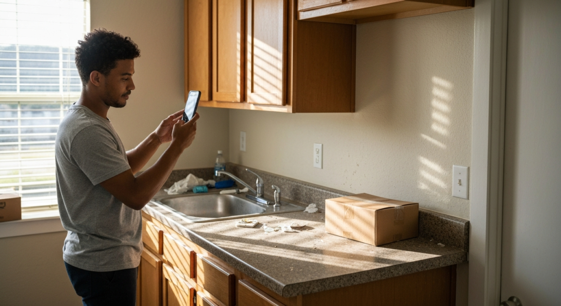 Tenant documenting messy kitchen in Orlando apartment upon move-in