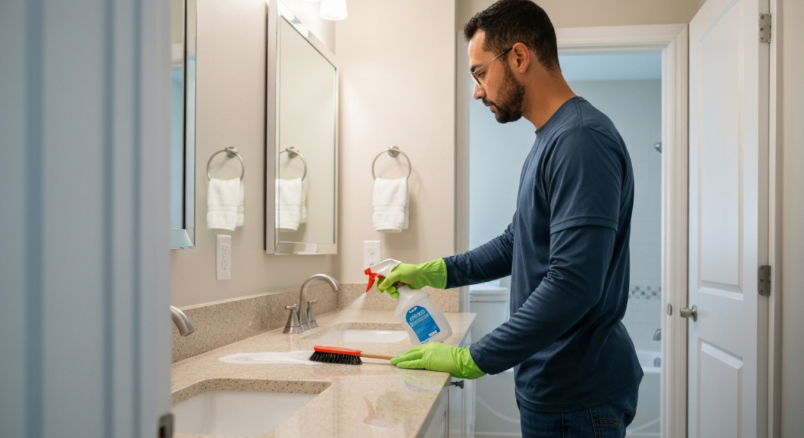Professional cleaner working on bathroom surfaces in Orlando rental property