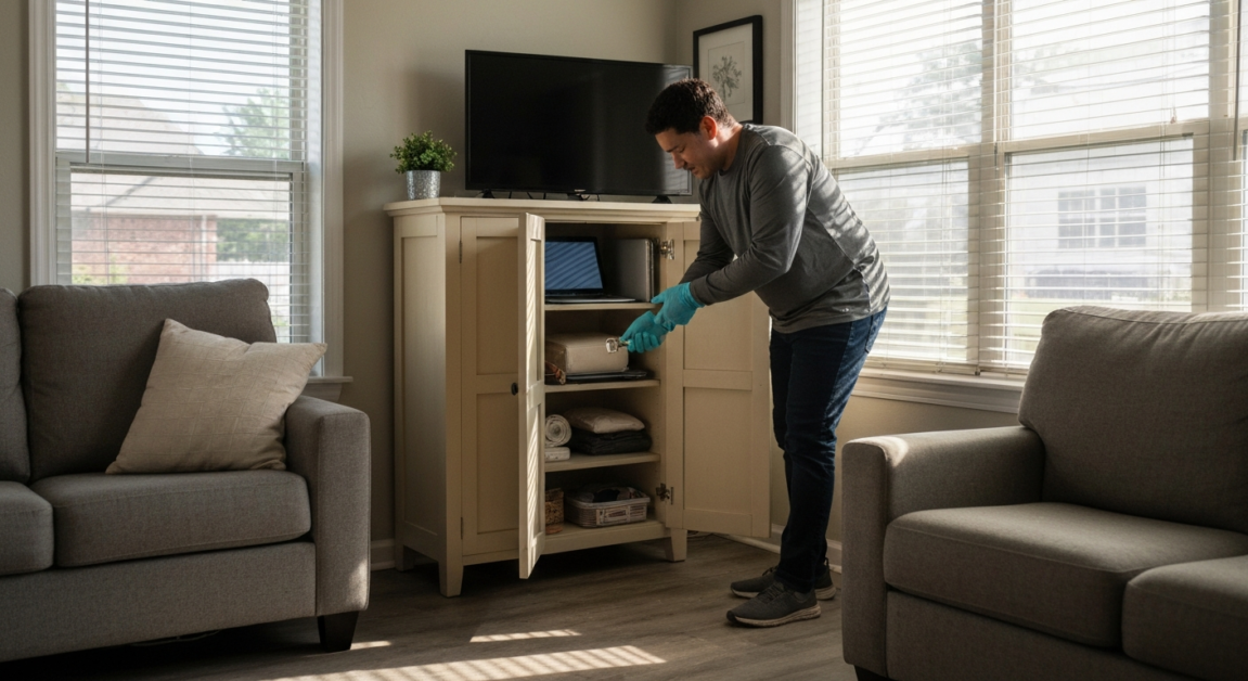 Individual securing valuables in a locked cabinet in an Orlando rental property before cleaning.