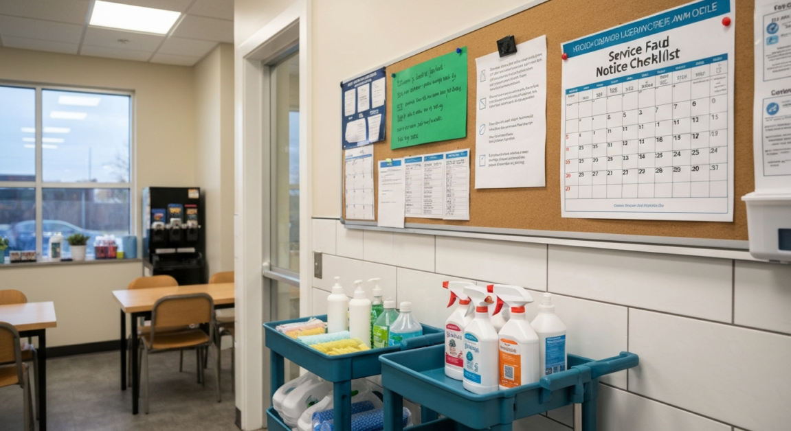 Checklist and cleaning supplies in an Orlando small commercial breakroom showing outlined cleaning tasks.