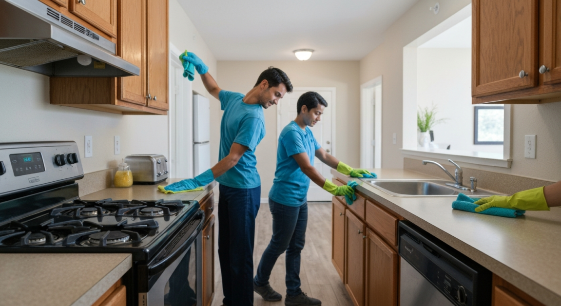 Professional cleaning crew working in an Orlando kitchen, focusing on a deep clean of major surfaces.