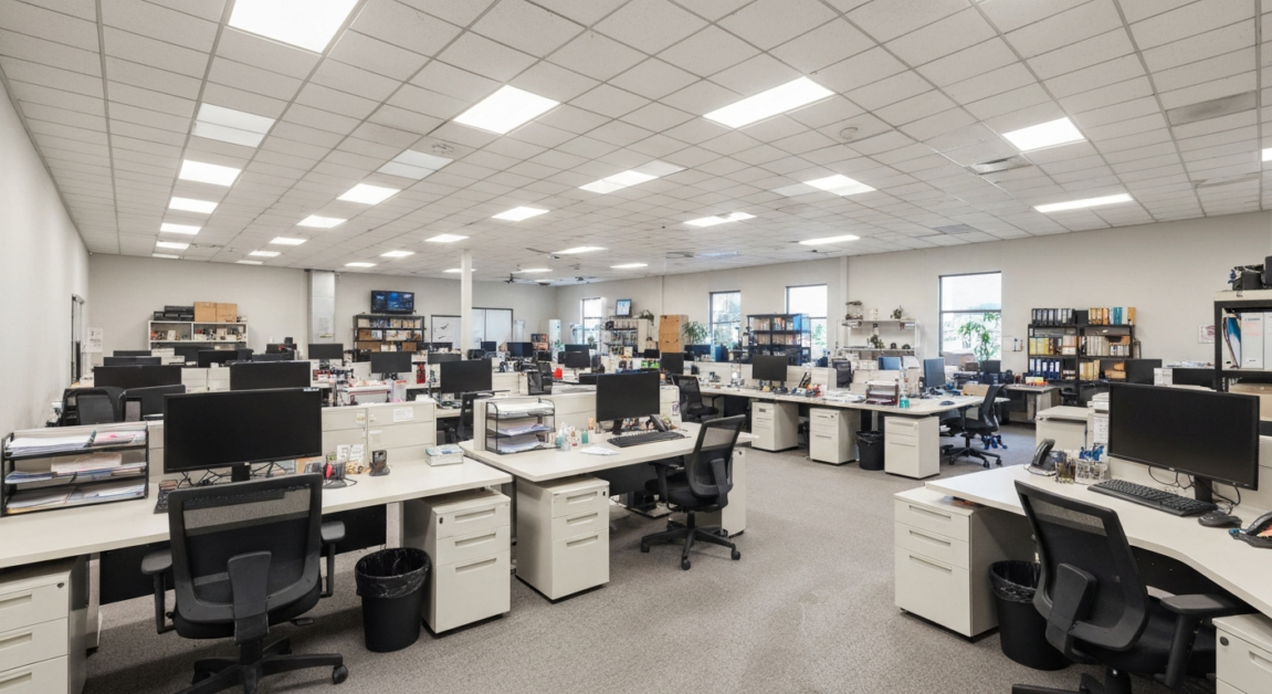 Orlando office workspace viewed from corner, showing size and clean arrangement, affecting cleaning quotes