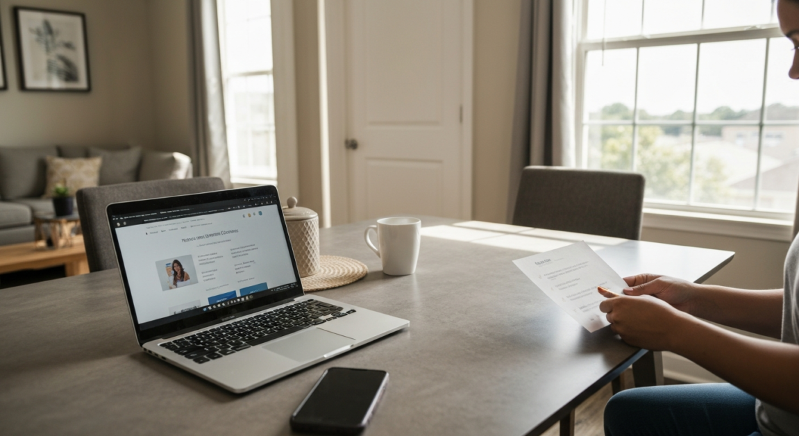 Homeowner in Orlando reviewing a cleaning service quote online in a modern apartment, emphasizing the need for personalized quotes.
