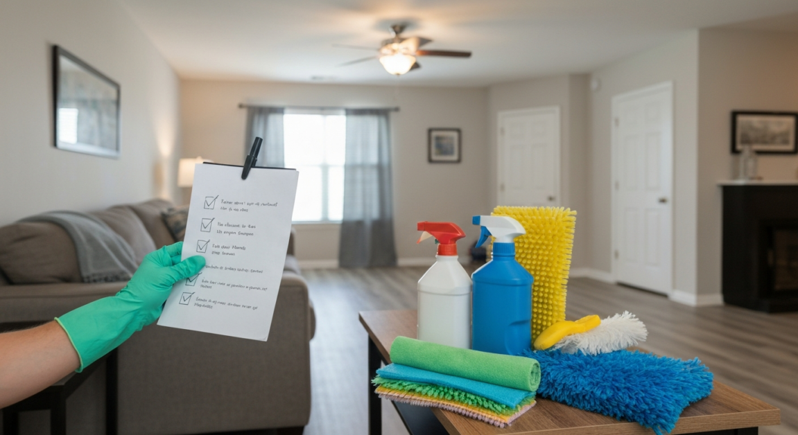 A move-out cleaning checklist being used by a professional cleaner in an Orlando rental property.