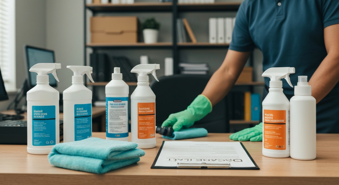 Professional cleaner using labeled products and checklist for precise service needs in Orlando office