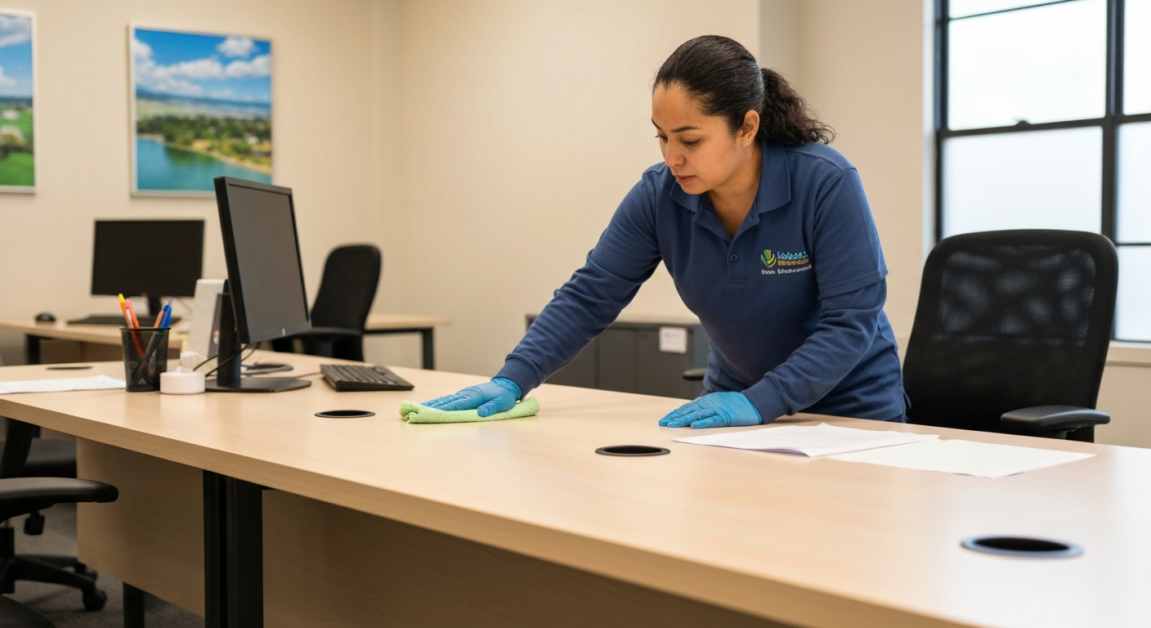 Cleaner making final touches on a shiny desk in Orlando office, ensuring inspection-ready conditions