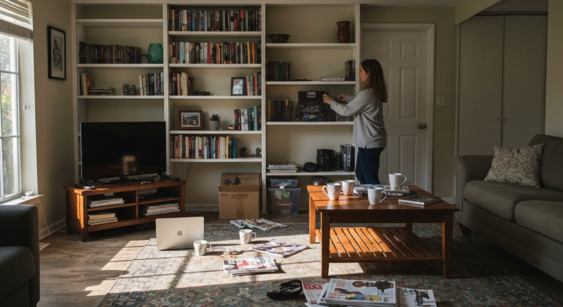 Person organizing a living room to declutter before cleaners arrive, showcasing a tidy approach in an Orlando home