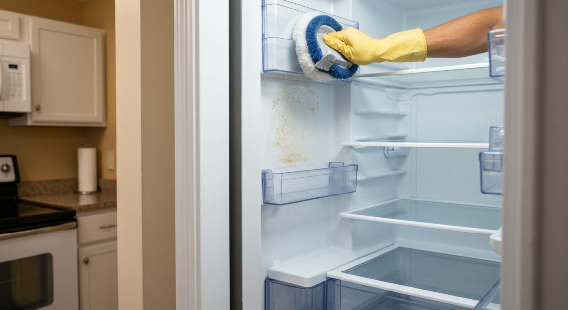 A professional cleaner deep cleaning a refrigerator in an Orlando home, focusing on cleanliness and polishing.