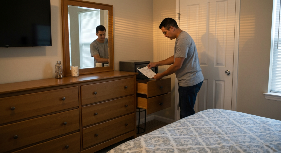 Individual securing important documents and valuables in an Orlando apartment before professional cleaners' visit