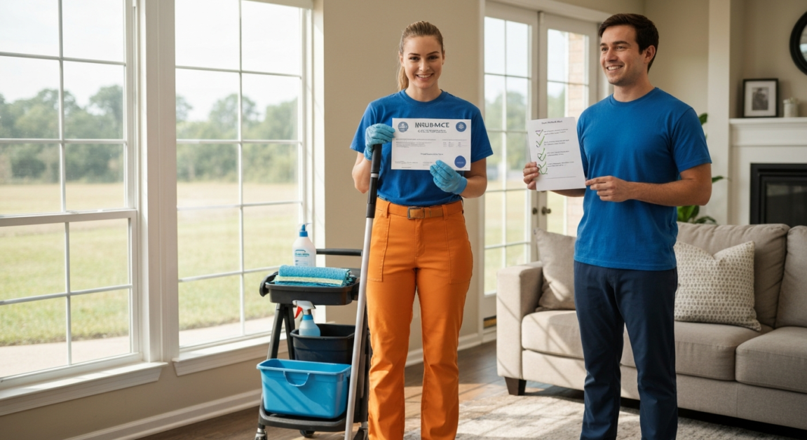 Orlando cleaning professional showing insurance certificate and checklist.