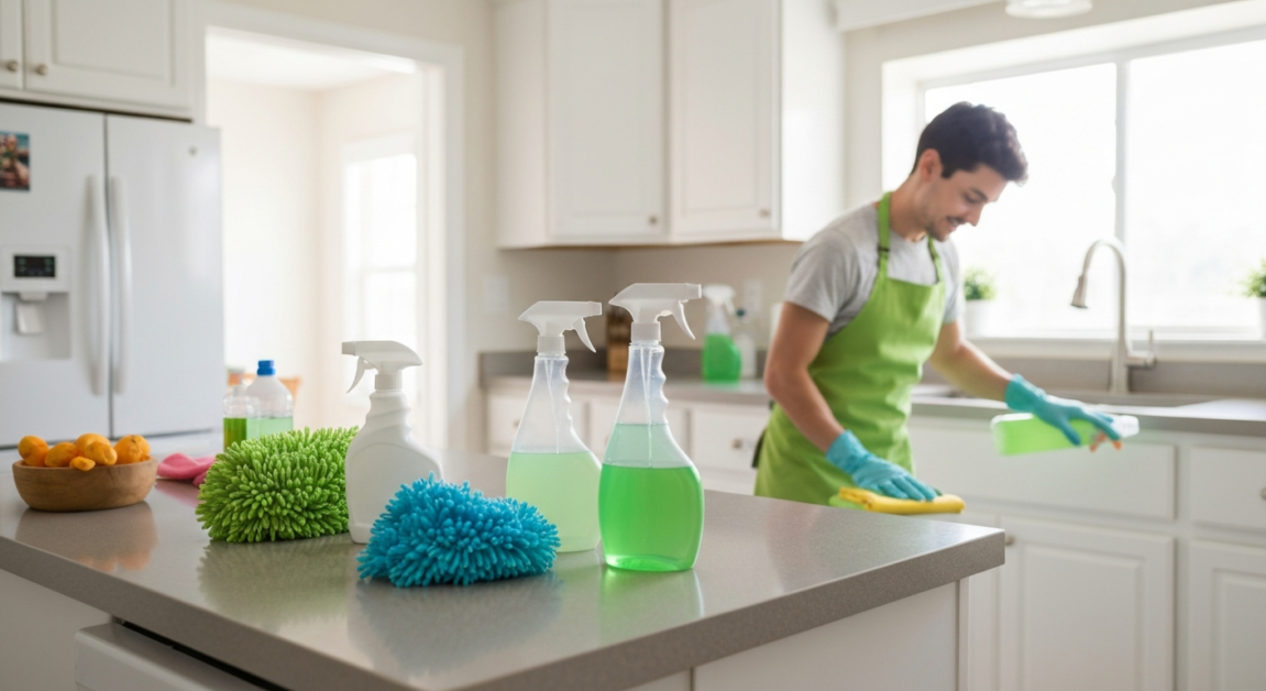 Professional using eco-friendly cleaning products in an Orlando kitchen.
