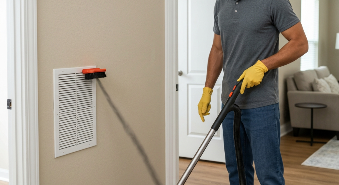 Professional cleaner using a vacuum brush on an air vent in an Orlando home.