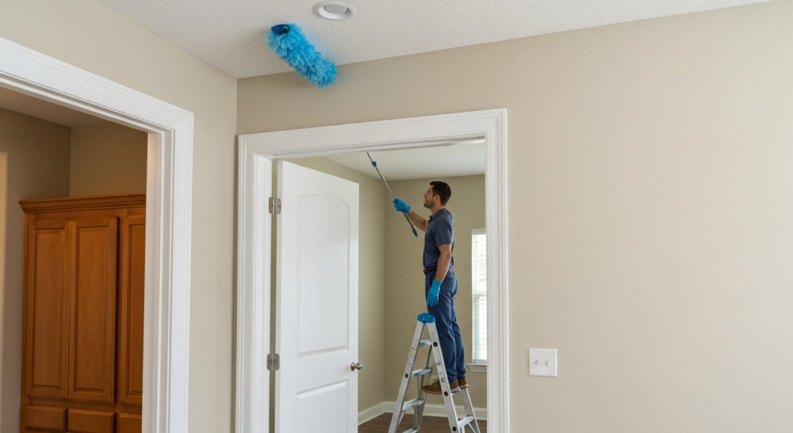 Cleaner on a ladder dusting the top of a door frame using an extendable duster.