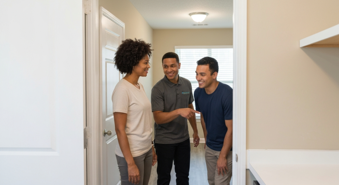 Cleaning professional conducting a detailed walkthrough in an Orlando apartment after cleaning.