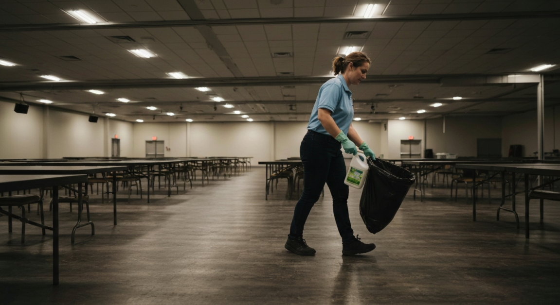 Professional cleaners restoring event space in Orlando after a celebration, ensuring cleanliness.