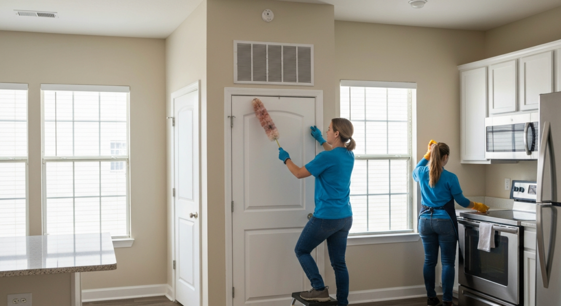 Cleaner performing detail-oriented deep cleaning in an Orlando rental property.