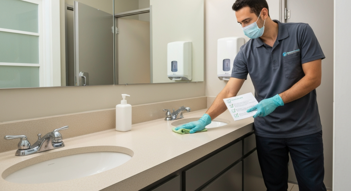 Professional cleaner sanitizing a restroom sink in Orlando office