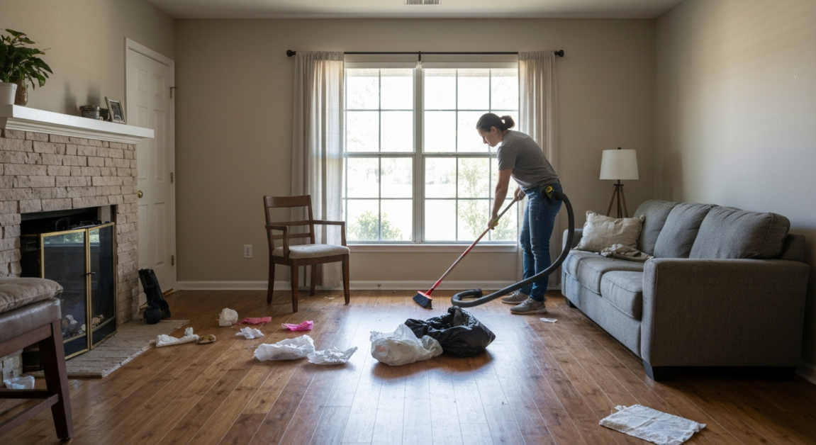 Living room in Orlando home being cleaned after an event, showing the urgency of post-event services.