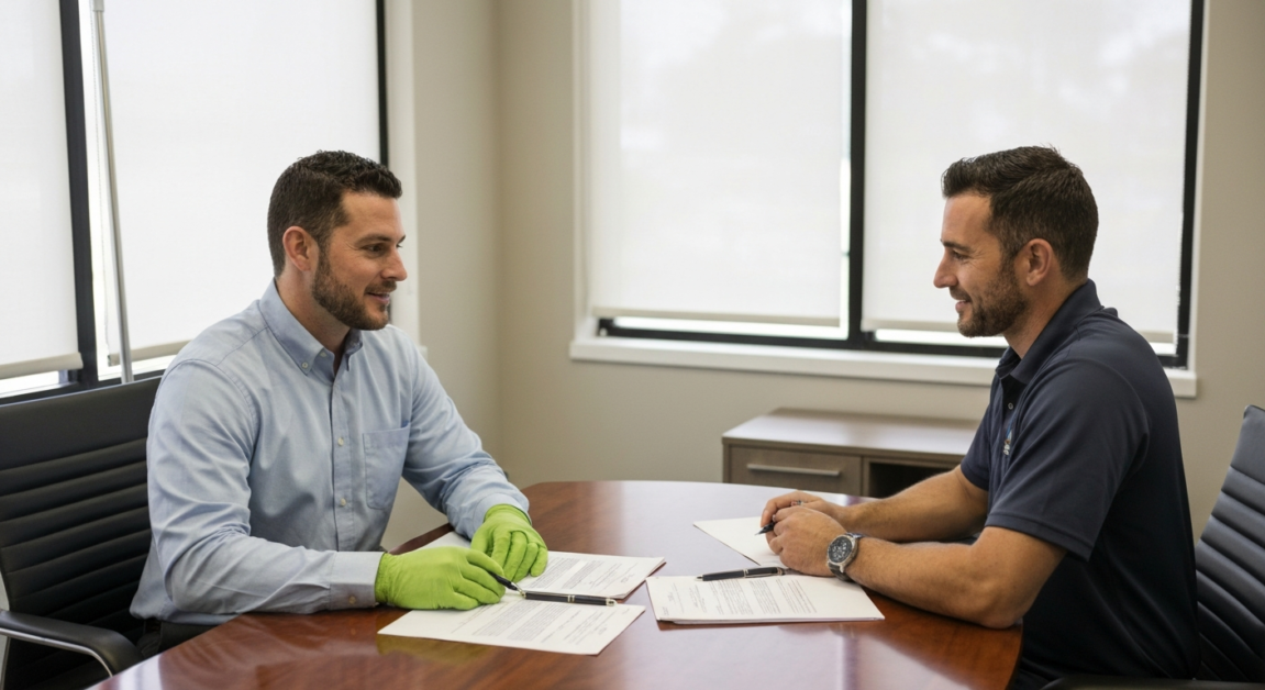 Professional cleaner and business manager discussing detailed cleaning service agreement in an Orlando office setting.