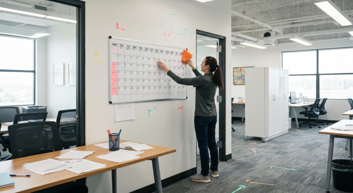 Professional cleaner reviewing office cleaning schedule in an open office space in Orlando.