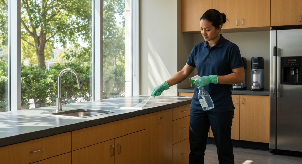 Professional cleaner using eco-friendly products in an Orlando office breakroom.