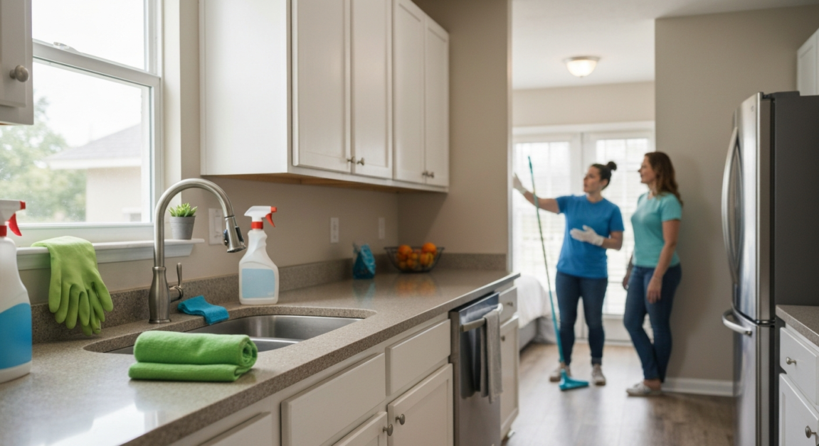 Cleaner explaining biohazard and pest control service exclusions in Orlando rental property