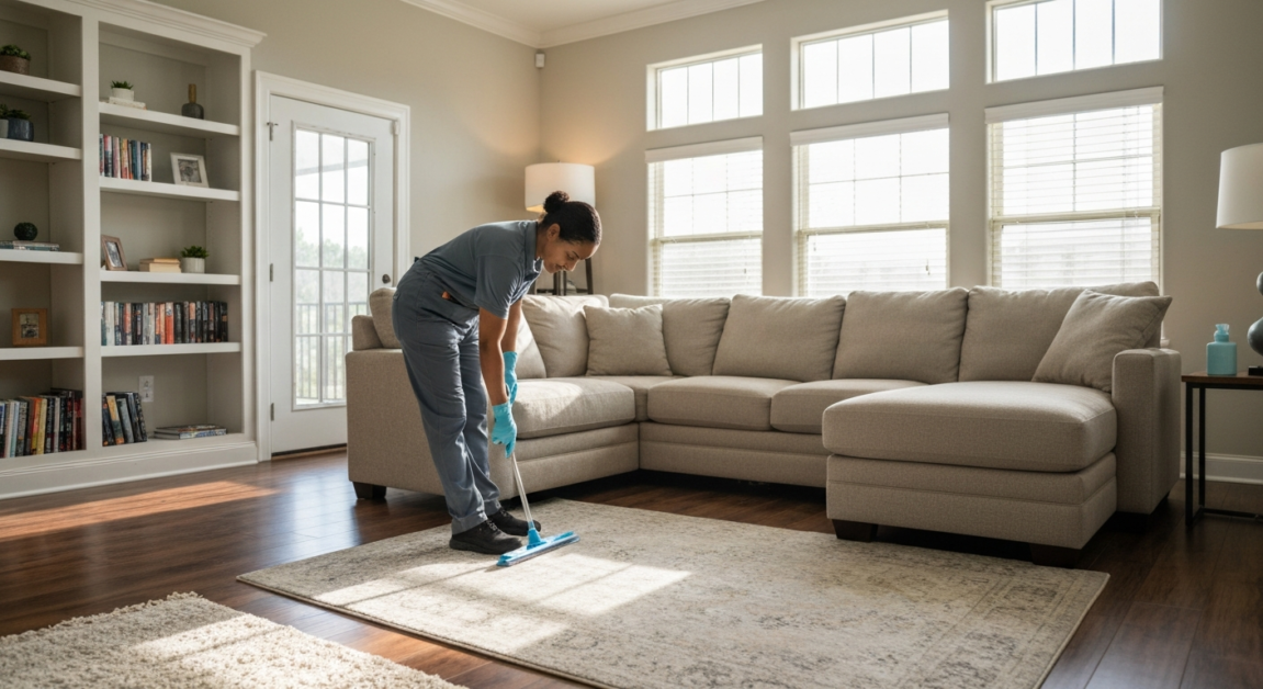 Cleaner working around heavy furniture in an Orlando home's living room