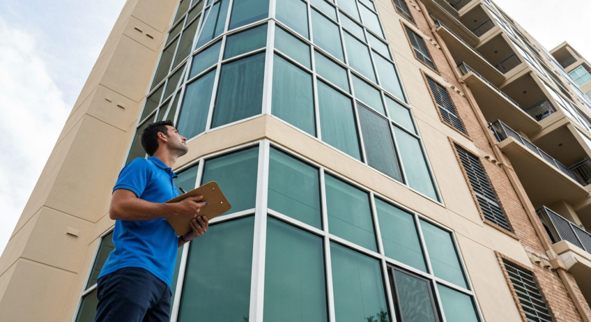 Cleaner assessing high exterior windows on a tall Orlando apartment building