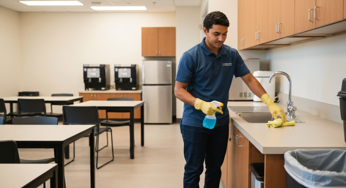 Cleaner disinfecting countertop in an Orlando office breakroom